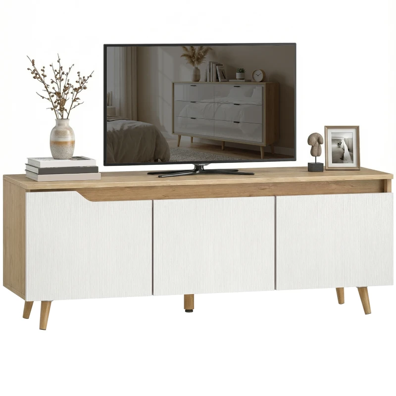 HOMCOM TV Stand for TVs up to 55 Inches Farmhouse TV Console Storage Adjustable Shelf 3 Cabinets Living Room Oak and White