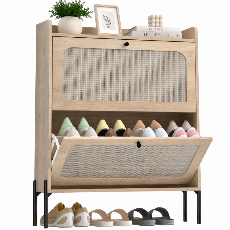 HOMCOM Shoe Cabinet with 2 Flip Drawers, Boho Narrow Shoe Storage Cabinet, Oak