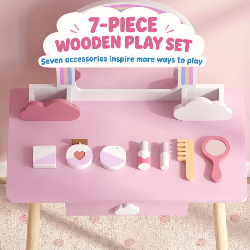 Qaba Kids Vanity Set, Makeup Vanity Table with Mirror, Stool, Drawer, 7-Piece Accessories, Cloud-Design for Girls 3-6 Y, Pink