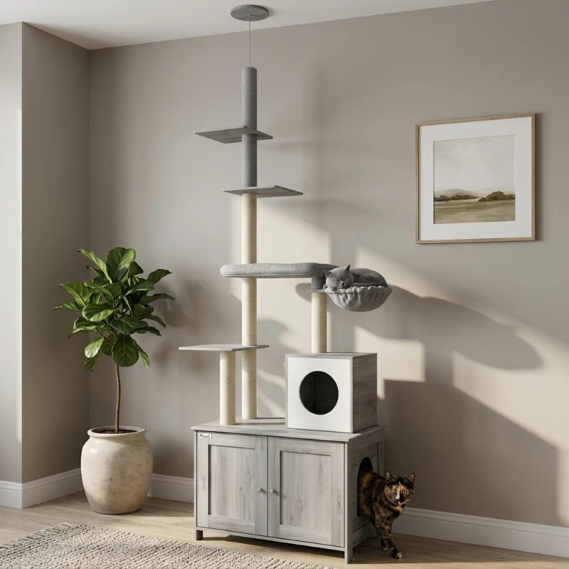 PawHut 2 in 1 Floor to Ceiling Cat Tree with Litter Box Enclosure, Condo, Bed, Hammock, Scratching Posts, and Platforms, Gray