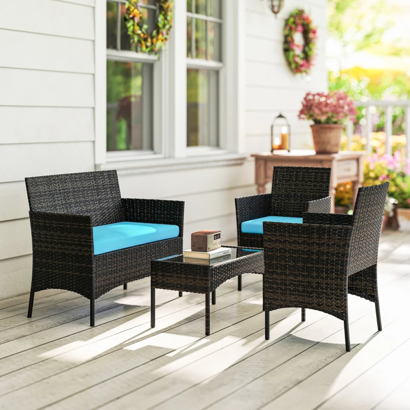 Outsunny 4 Pieces Wicker Outdoor Balcony Furniture Set Rattan Patio Furniture Set with Loveseat Chairs Glass Coffee Table Turquoise