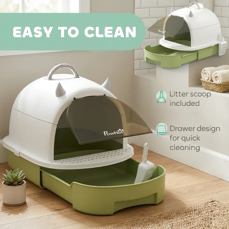 PawHut Covered Cat Litter Box with Lid, Scoop, Deodorizing Bags for Odor Control, Privacy, Easy to Clean, Green