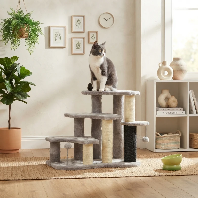 PawHut 2 in 1 Cat Tree Tower 3-Step Pet Stairs with Scratching Posts, Tickling Post, Toy Balls, for High Beds, Couch