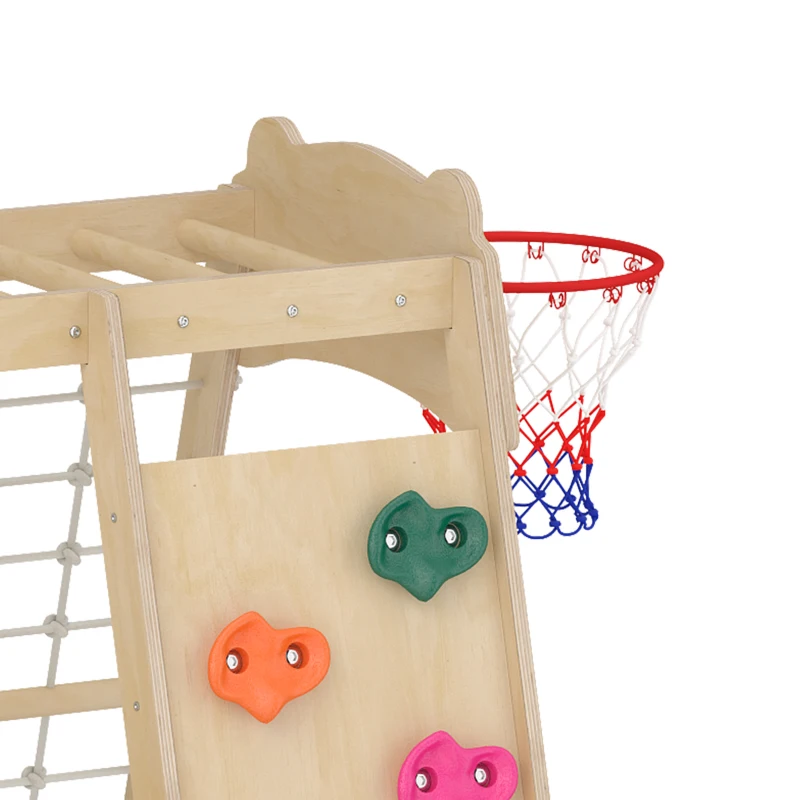 Qaba 7-in-1 Kids Montessori Jungle Gym with Reversible Slide, Basketball Hoop, Monkey Bars, Rock Wall, Climbing Net & Ladder