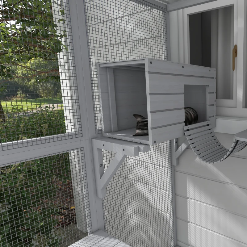 PawHut Large Outdoor Catio, Cat Window Box with Weatherproof Roof, Bridge, Resting Box, Platforms, for 2 Kittens, White