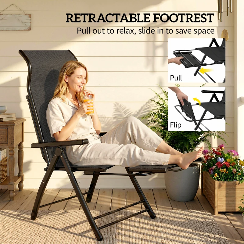Outsunny Folding Patio Chairs Set of 2, 5-Position Outdoor Lounge Chairs with High Back, Retractable Footrest, Black