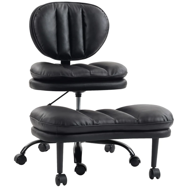 HOMCOM Ergonomic Cross Legged Office Chair, 360° Swivel Meditation Desk Chair with Wheels and Detachable Wider Footrest, Black