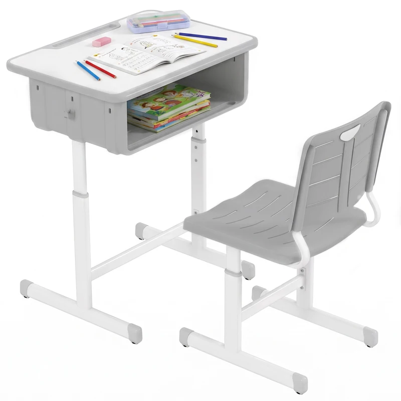 Qaba Kids Desk and Chair Set, Height Adjustable Children Study Desk and Chair with Drawer, Study Table for Bedroom, Grey