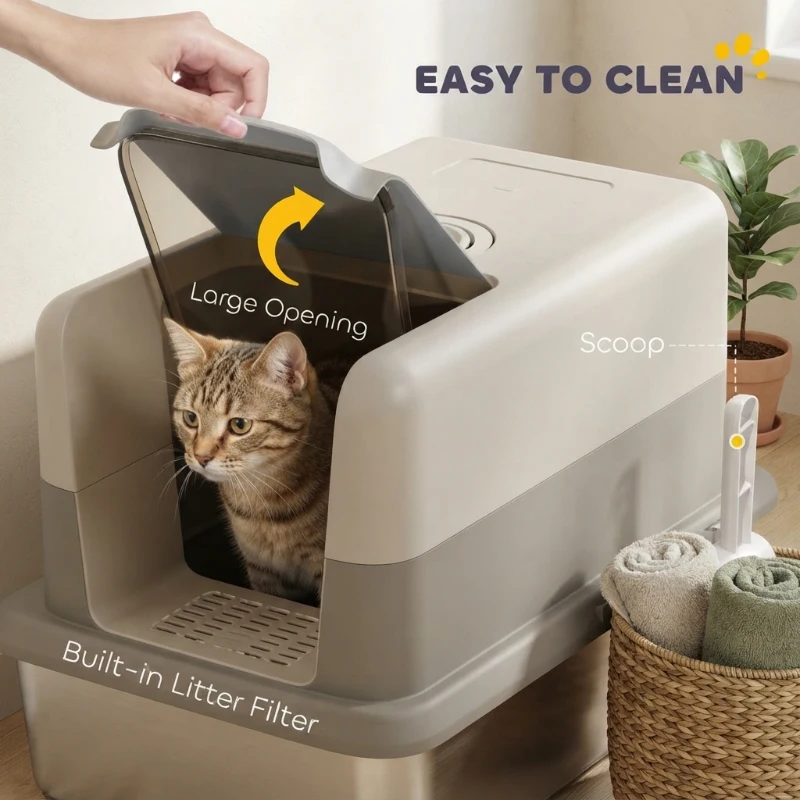 PawHut 2 in 1 Stainless Steel Cat Litter Box with Removable Lid, Scoop, Filter Bags, for Small to Large Cats, Gray