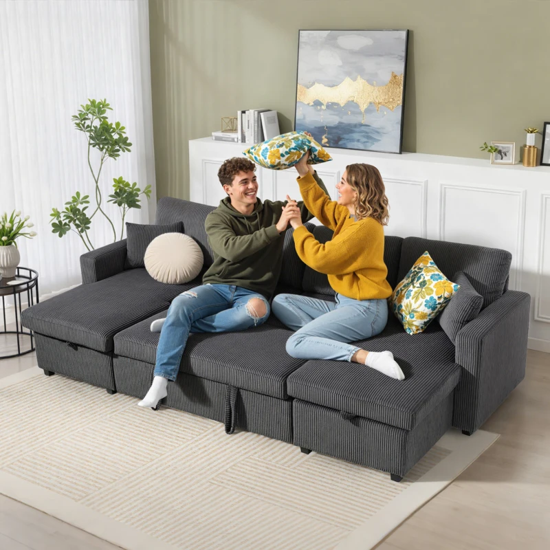 HOMCOM Pull Out Sofa Bed, Corduroy U-Shaped Sleeper Sofa Couch with Storage Chaise, Pillows, Spring and Futon Couch, Grey