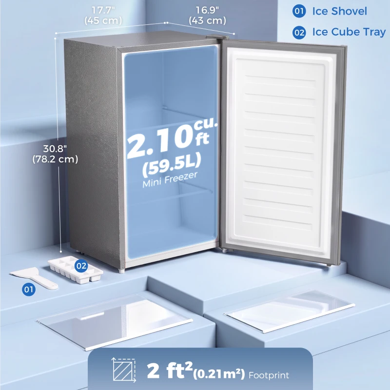 HOMCOM Compact Upright Freezer, 2.1 Cubic Feet Mini Freezer with Reversible Door, 2 Shelves, Adjustable Temperature, Grey