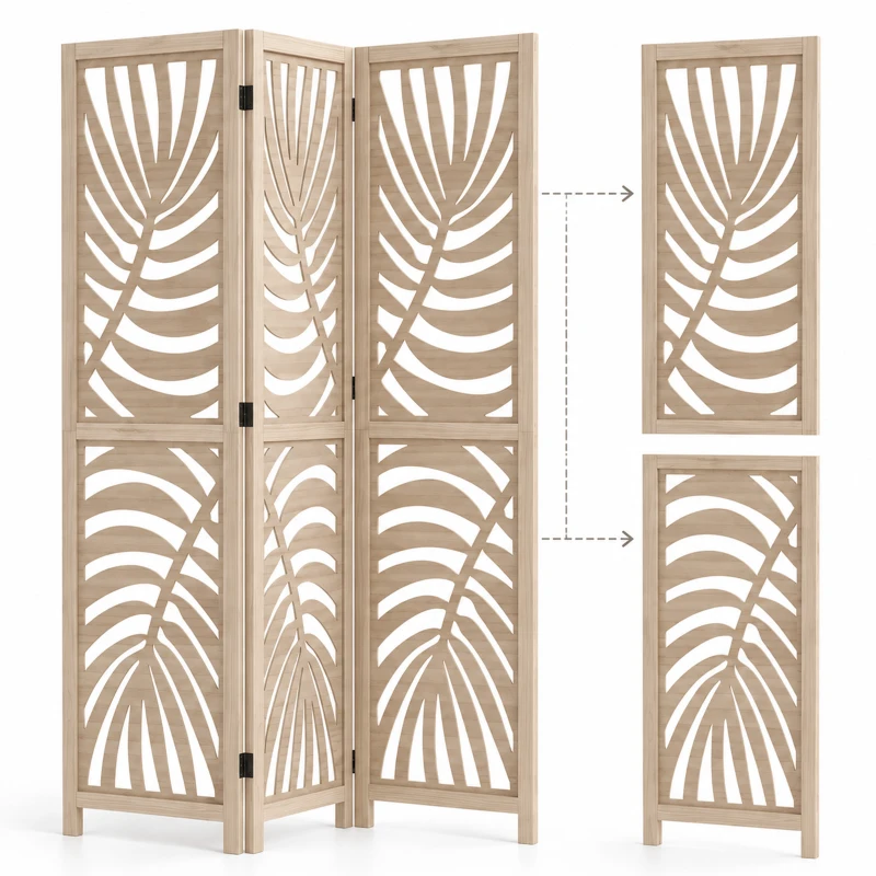 HOMCOM 4 Panel Room Divider, Detachable Folding Privacy Screens with Palm Leaf Design for Home Office, Natural Wood Finish