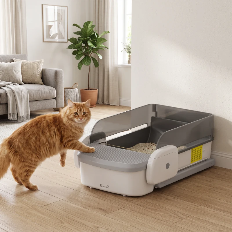 PawHut Self Cleaning Cat Litter Box, Automatic Litter Box with App Control, Open-Top, 10L Waste Bin, Gray