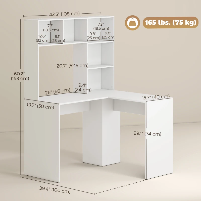 HOMCOM Modern Corner Computer Desk, L Shaped Desk with Storage Shelves for Home Office, Bedroom, White
