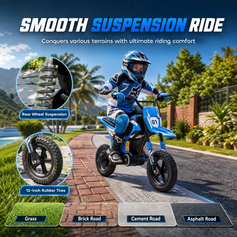 Qaba 24V Kids Electric Motorcycle with 180W Brushless Motor, Suspension, Soft Start, 12" Rubber Tires for 6+ Years, Blue
