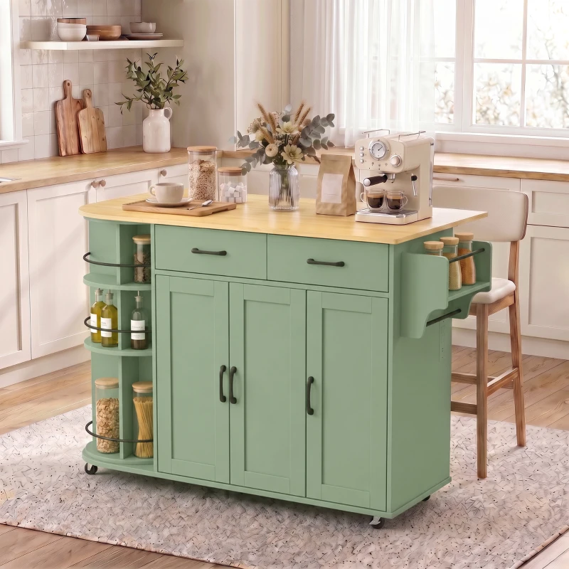 HOMCOM 53" Kitchen Island with Power Outlet and Drop Leaf, Kitchen Cart on Wheels with 360° Rotating Rack, Sage Green