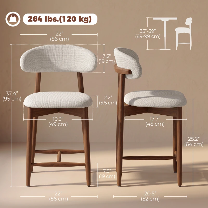 HOMCOM Bar Stools Mid-Century Curved Back Counter Height Stools Set of 2, Cream White