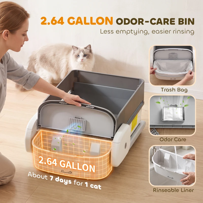 PawHut Self Cleaning Cat Litter Box, Automatic Litter Box with App Control, Open-Top, 10L Waste Bin, Gray
