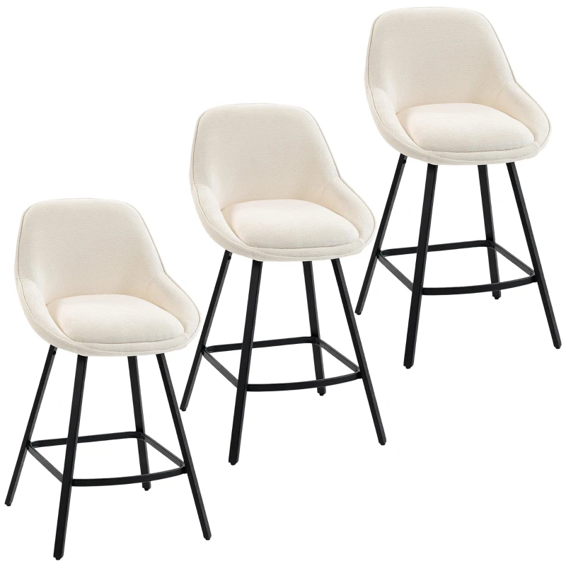 HOMCOM Bar Stools Modern Chenille 360° Swivel Barstools Counter Height Backrest Footrest Set 3, Cream White