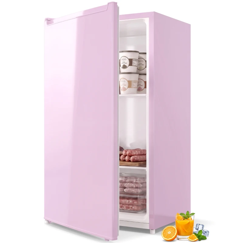 HOMCOM Compact Upright Freezer, 2.1 Cubic Feet Mini Freezer with Reversible Door, 2 Shelves, Adjustable Temperature, Pink