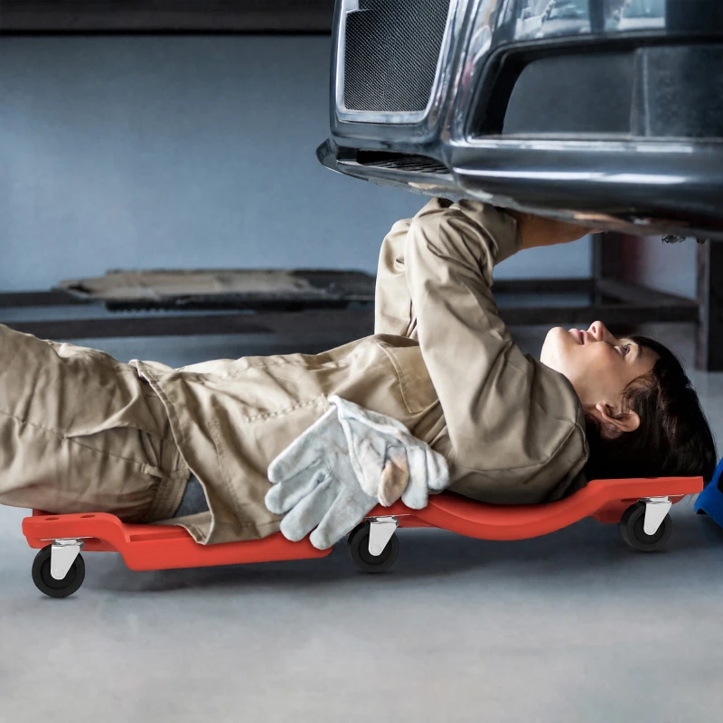 HOMCOM 40" Mechanic Creeper, 330 LBS Capacity, Low Profile, Padded Headrest, 2 Tool Trays, 6 Casters for Auto Repair, Red