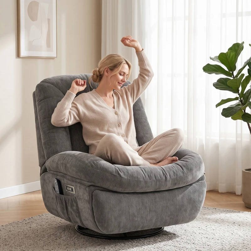 HOMCOM Oversized Power Recliner Chair with Massage and Heat, USB Port, Overstuffed Chenille Swivel Rocker Recliner, Gray