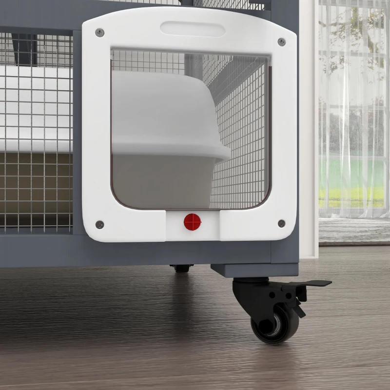PawHut Cat Condo Wooden Indoor Cat House on Wheels with Cat Flap Door Platforms Hammock Openable Top for 2 Cats, Light Grey