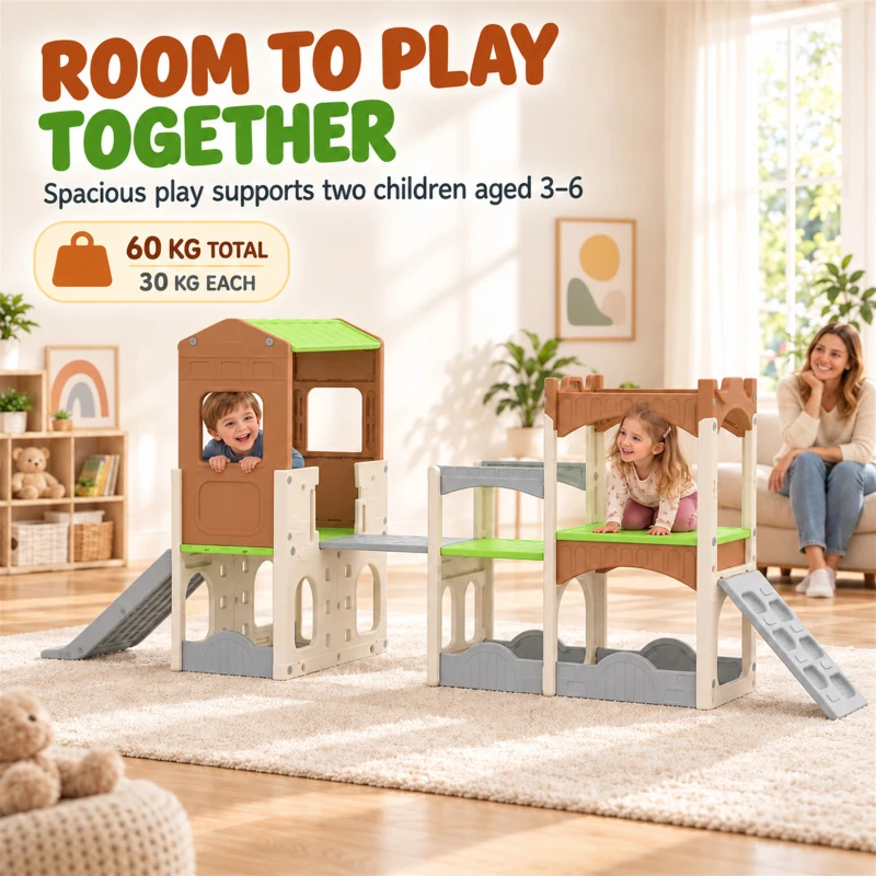 Qaba 8 in 1 Toddler Slide Set with Balance Bridge, Playhouse, Climber, Storage, Indoor Playset Playground for 3-6 Years