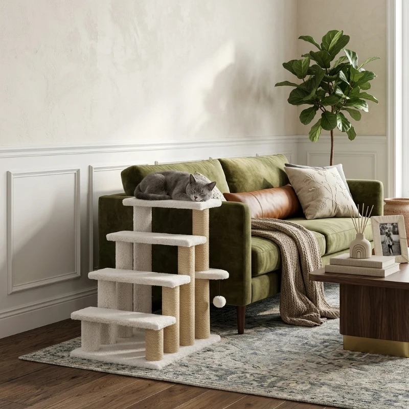 PawHut Cat Stairs, 4-Step Flannel-Covered Design with Jute Scratching Posts for Bed and Sofa Access, White