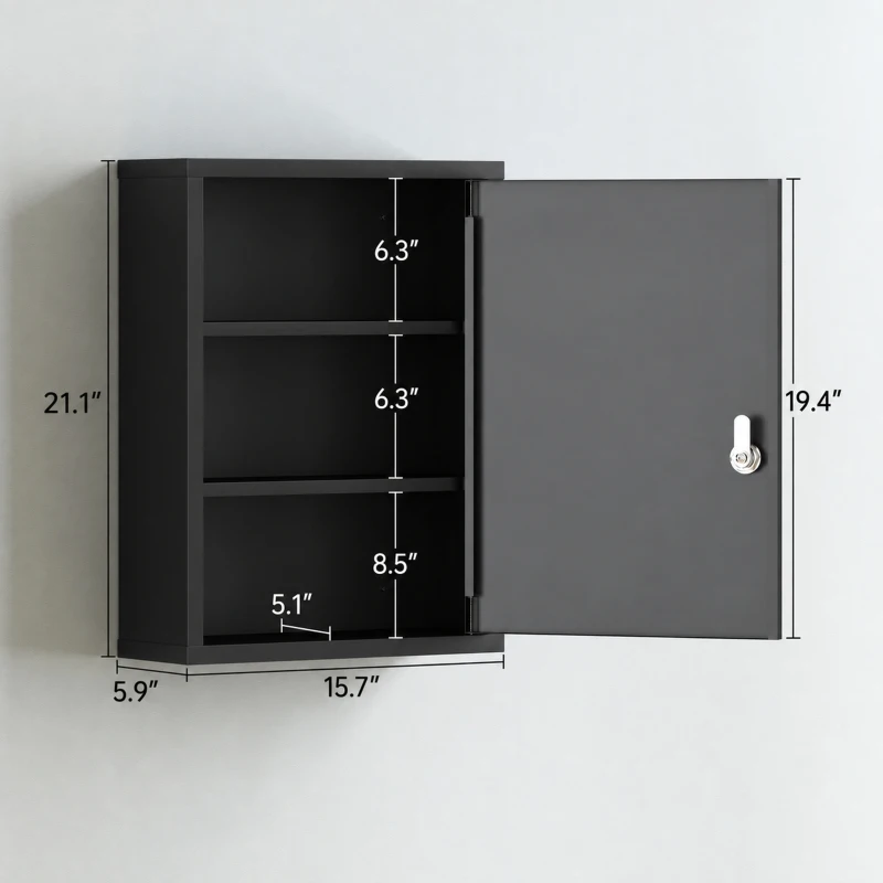 kleankin 16" x 21" Lockable Medicine Cabinet, 3 Tier Steel Medical Wall Box with 2 Keys and Shelves for Bathroom, Black
