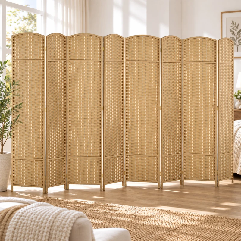 HOMCOM Folding Room Divider Screen 8 Panel 5.6 ' Tall Privacy Screen Freestanding Room Partition for Home Office, Nature Wood
