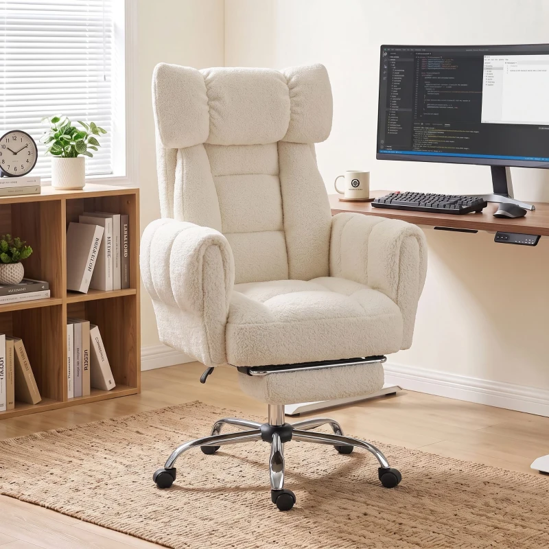 HOMCOM Criss Cross Office Chair with Flip-Up Armrests, Reclining Desk Chair with Wide Seat, Footrest, Wheels, Cream White