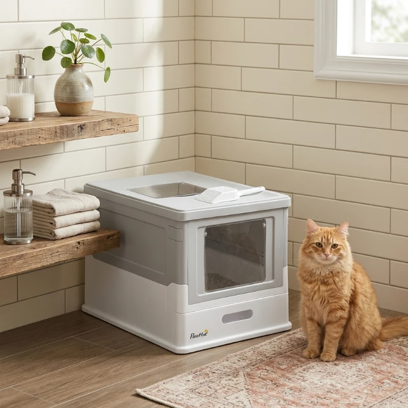 PawHut Fully Enclosed Cat Litter Box with Front Entry and Top Exit, Plastic, Gray & White