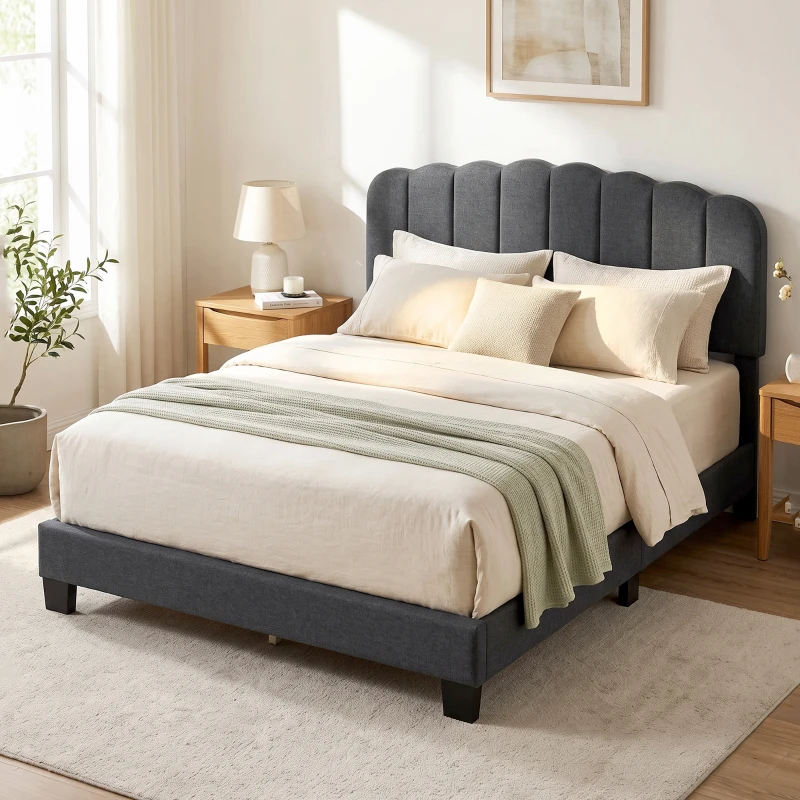 HOMCOM Queen Size Bed Frame with Adjustable Headboard, Linen-Feel Upholstered Platform Bed Frame with 12 Slat Support Dark Grey