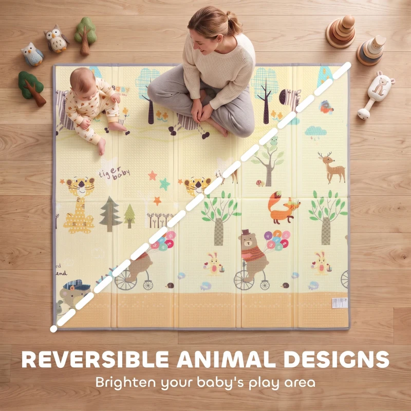 Qaba Foldable & Reversible Baby Play Mat, 79" x 71"Thick Play Mat for Floor, Waterproof Non-Slip, Forest Animals
