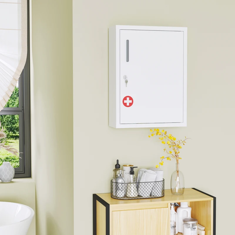 kleankin Bathroom Medicine Cabinet with Shelves Inside & On Door, Locking Medical Cabinet, First Aid Bathroom Wall Cabinet White