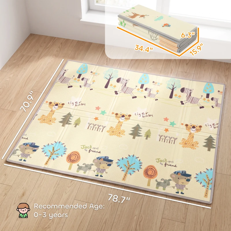 Qaba Foldable & Reversible Baby Play Mat, 79" x 71"Thick Play Mat for Floor, Waterproof Non-Slip, Forest Animals