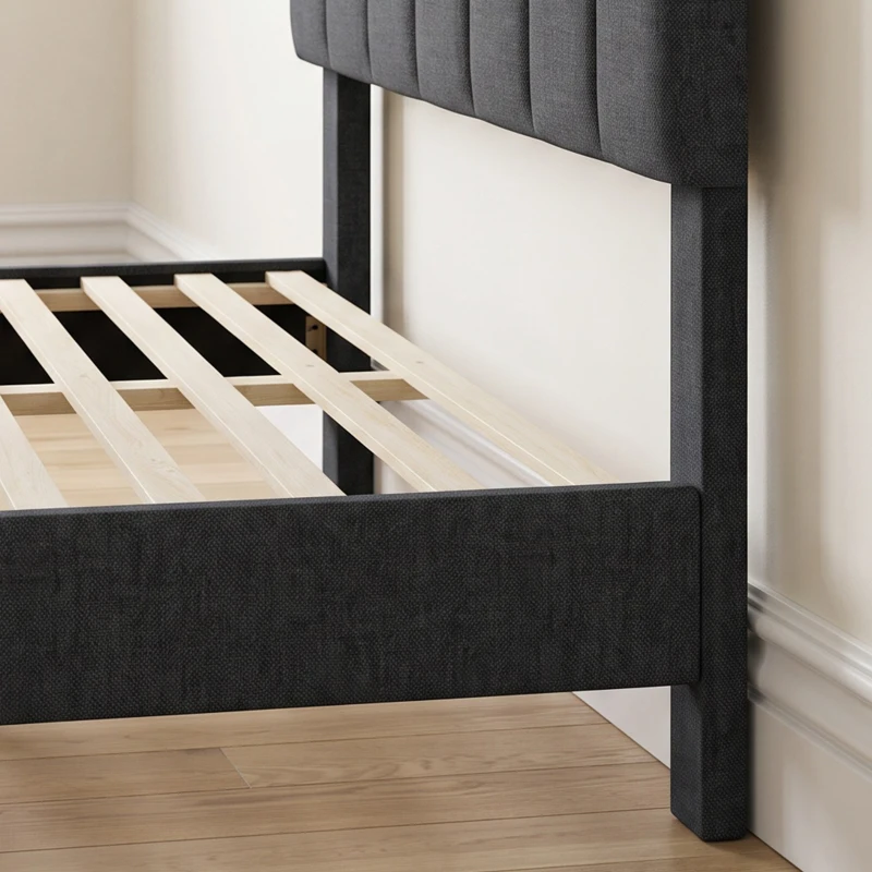 HOMCOM Queen Size Bed Frame with Adjustable Headboard, Linen-Feel Upholstered Platform Bed Frame with 12 Slat Support Dark Grey