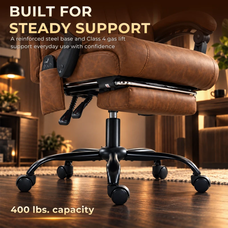 HOMCOM Massage Office Chair Vibration Computer Chair Heated Reclining PU Leather Footrest Height Adjustable Brown