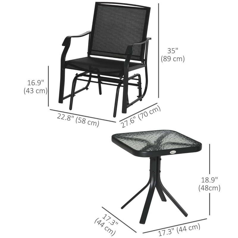 Outsunny 3 Piece Patio Glider Set Outdoor Gliders with Breathable Mesh Seat, Glass Top Table for Garden, Yard, Black