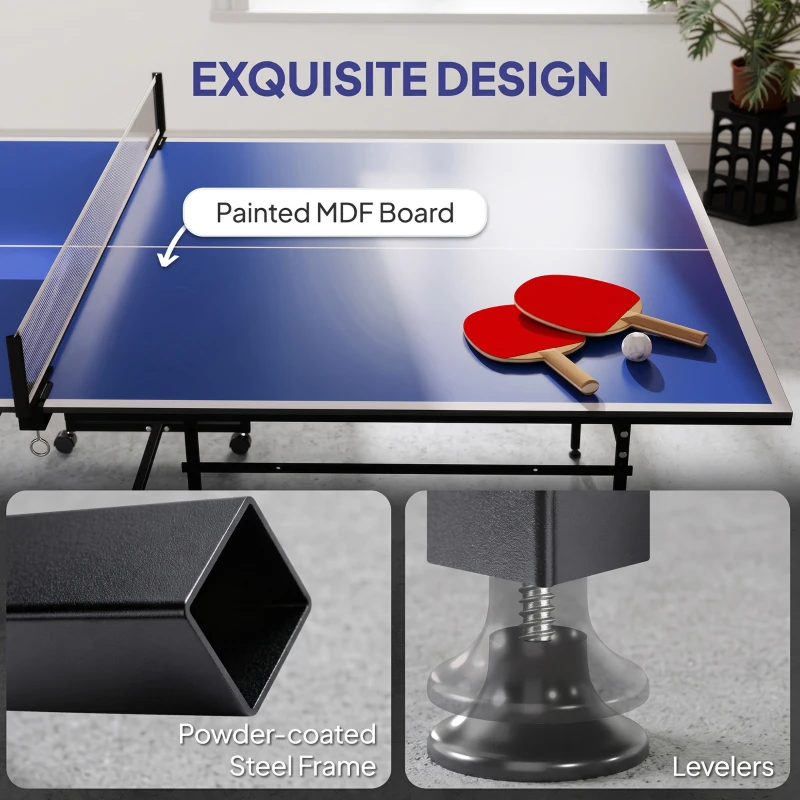 Soozier Full Size Table Tennis Table, Folding Ping Pong Table with Net, Paddles, Balls and Wheels, Blue