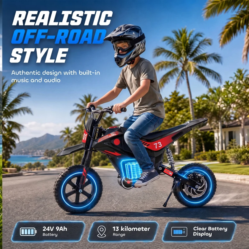 Qaba 24V Kids Electric Motorcycle with 180W Brushless Motor, Suspension, Soft Start, 12" Rubber Tires for 6+ Years, Black