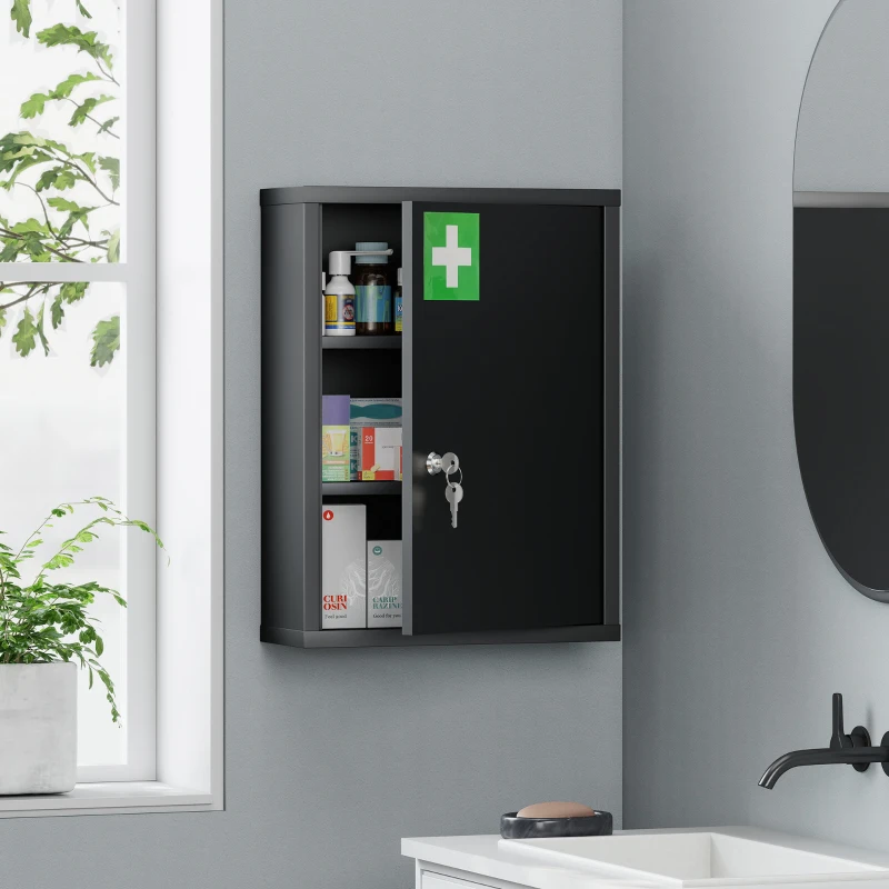 kleankin 16" x 21" Lockable Medicine Cabinet, 3 Tier Steel Medical Wall Box with 2 Keys and Shelves for Bathroom, Black