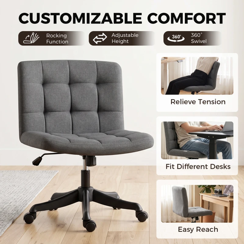 HOMCOM Armless Office Desk Chair, Linen Computer Chair with Rocking Function, Swivel, Wheels, Dark Grey