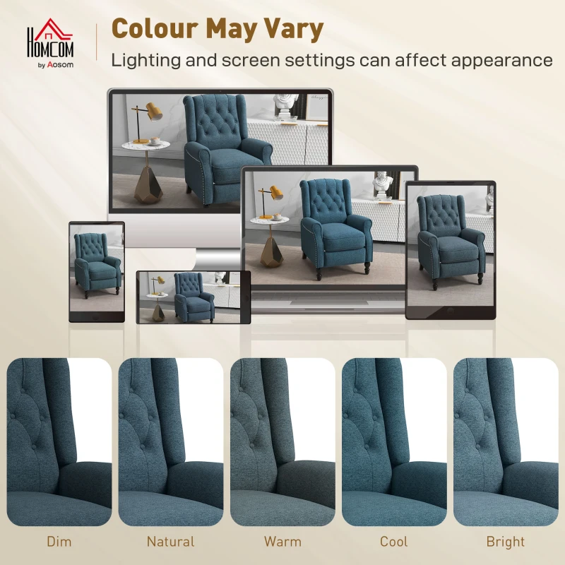 HOMCOM Wingback Reclining Chair with Footrest, Button Tufted Recliner Chair with Rolled Armrests for Living Room, Blue