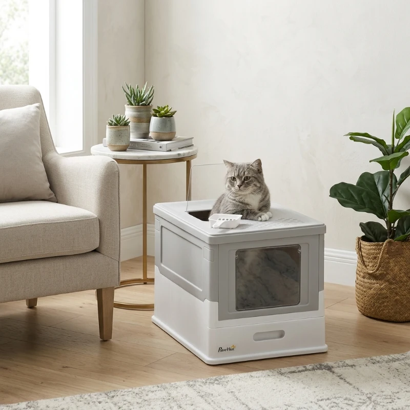 PawHut Fully Enclosed Cat Litter Box with Front Entry and Top Exit, Plastic, Gray & White