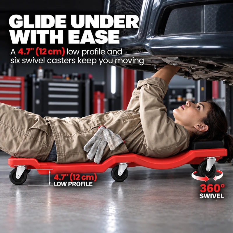HOMCOM 40" Mechanic Creeper, 330 LBS Capacity, Low Profile, Padded Headrest, 2 Tool Trays, 6 Casters for Auto Repair, Red