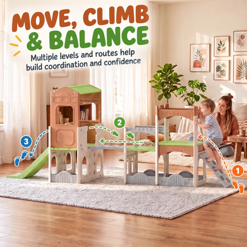 Qaba 8 in 1 Toddler Slide Set with Balance Bridge, Playhouse, Climber, Storage, Indoor Playset Playground for 3-6 Years
