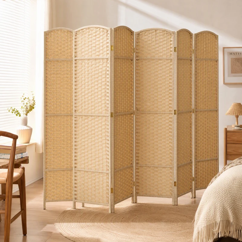 HOMCOM Folding Room Divider Screen 6 Panel 5.6' Tall Privacy Screen Freestanding Room Partition for Home Office, Beige