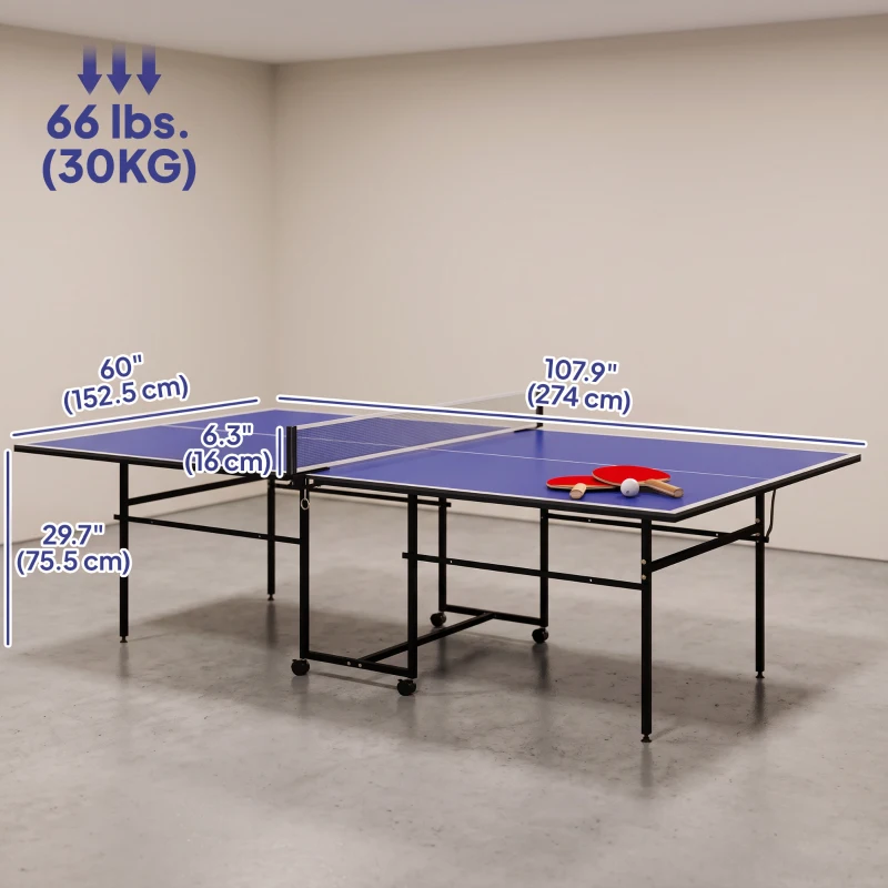 Soozier Full Size Table Tennis Table, Folding Ping Pong Table with Net, Paddles, Balls and Wheels, Blue
